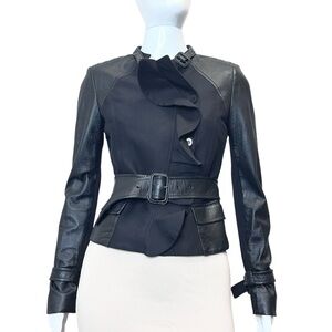 RARE!!! Dolce & Gabbana Black Leather & Textile Ruffled Moto Jacket Size 42/US 6